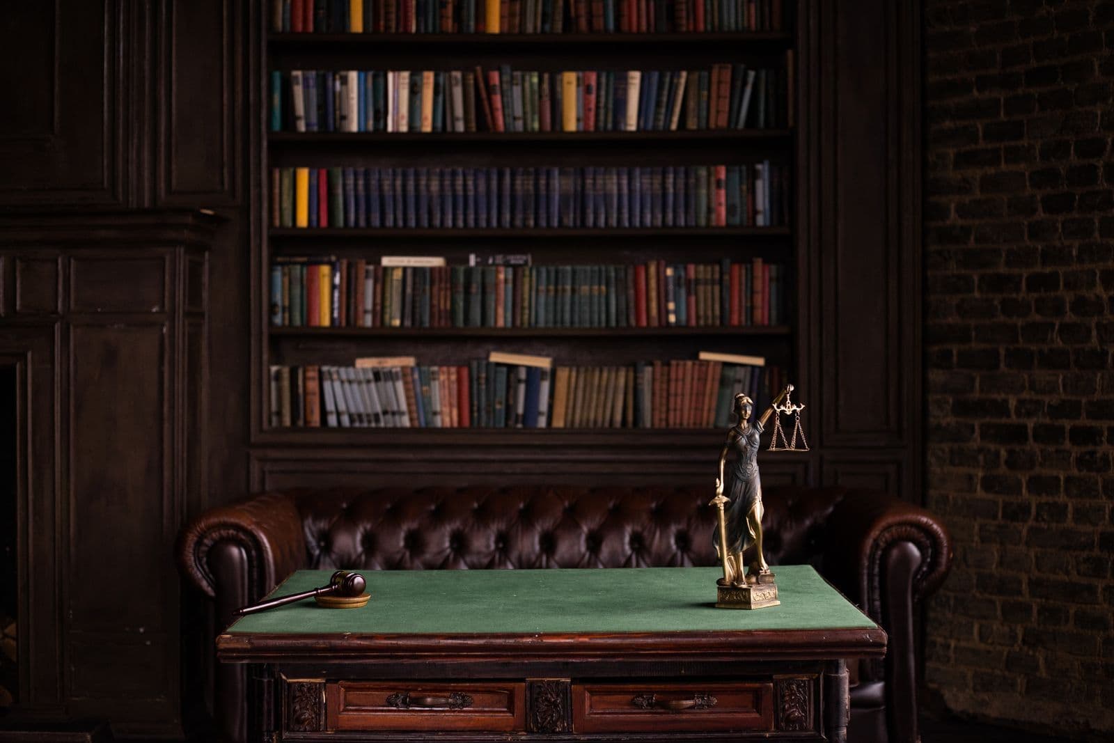 Elegant attorney office interior with desk, shelving and comfortable client seating